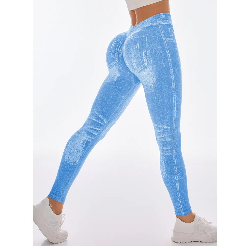  Women Sport Yoga Leggings Faux Jeans Skinny Tight Seamless Fitness Outerdoor Pants