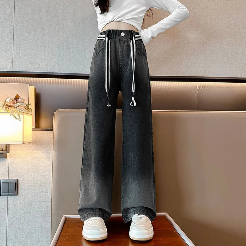 Jeans for Girls 2024 New Fashion Cartoon Printed Long Denim Trousers Teens Kids Cute Dog Pattern Wide Leg Pants 5 7 9 11 13 14Y