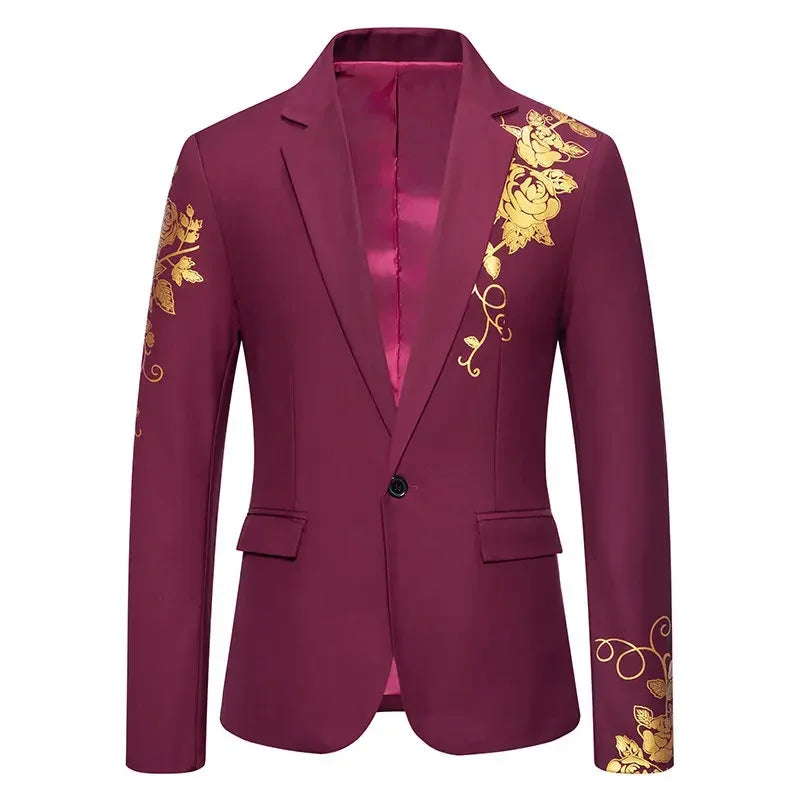 Metal-printed Men's Long-sleeved Suit Jacket, White V-neck Blazers, Wine Red Wedding Party Performance Coat.European Sizes M-3XL