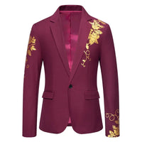 Metal-printed Men's Long-sleeved Suit Jacket, White V-neck Blazers, Wine Red Wedding Party Performance Coat.European Sizes M-3XL