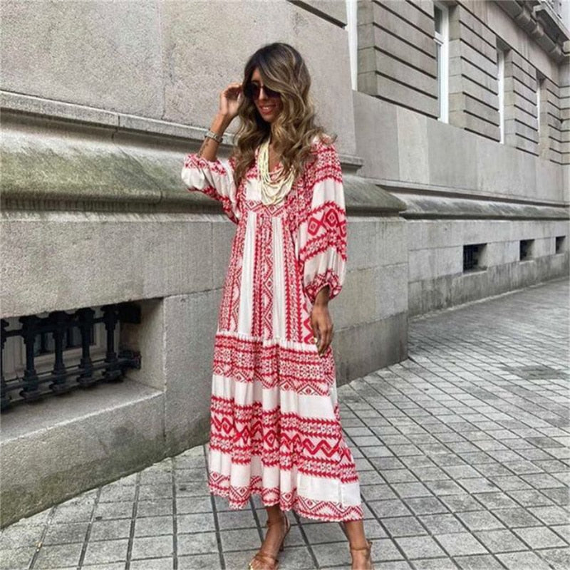 Women Puff Sleeve Dress 2023 New Summer Elegant Boho Holiday Beach Dress Vestidos Female Casual Floral Half Sleeve V-Neck Dress