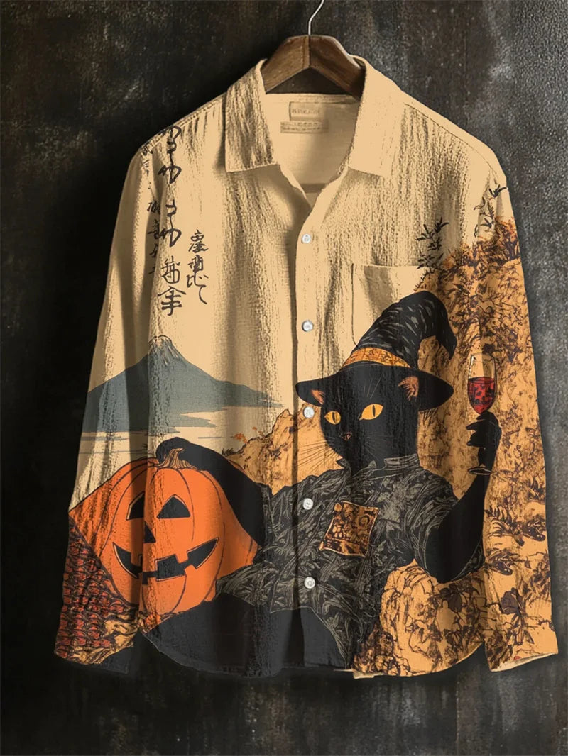 New Vintage Men's Linen Shirt Long Sleeve Chic Top Kitten Pattern Holiday Lapel Collar 3D Wave Printed Shirt Top