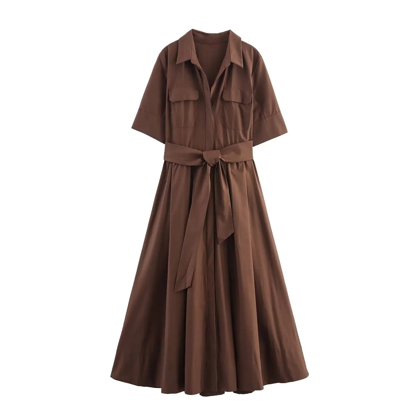 HH Women Fashion Lapel Short Sleeve Pocket Single-Breasted Belt Decorate Midi Dress Female Summer Elegant Slim Pleated Dress