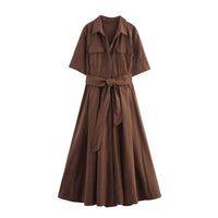 HH Women Fashion Lapel Short Sleeve Pocket Single-Breasted Belt Decorate Midi Dress Female Summer Elegant Slim Pleated Dress