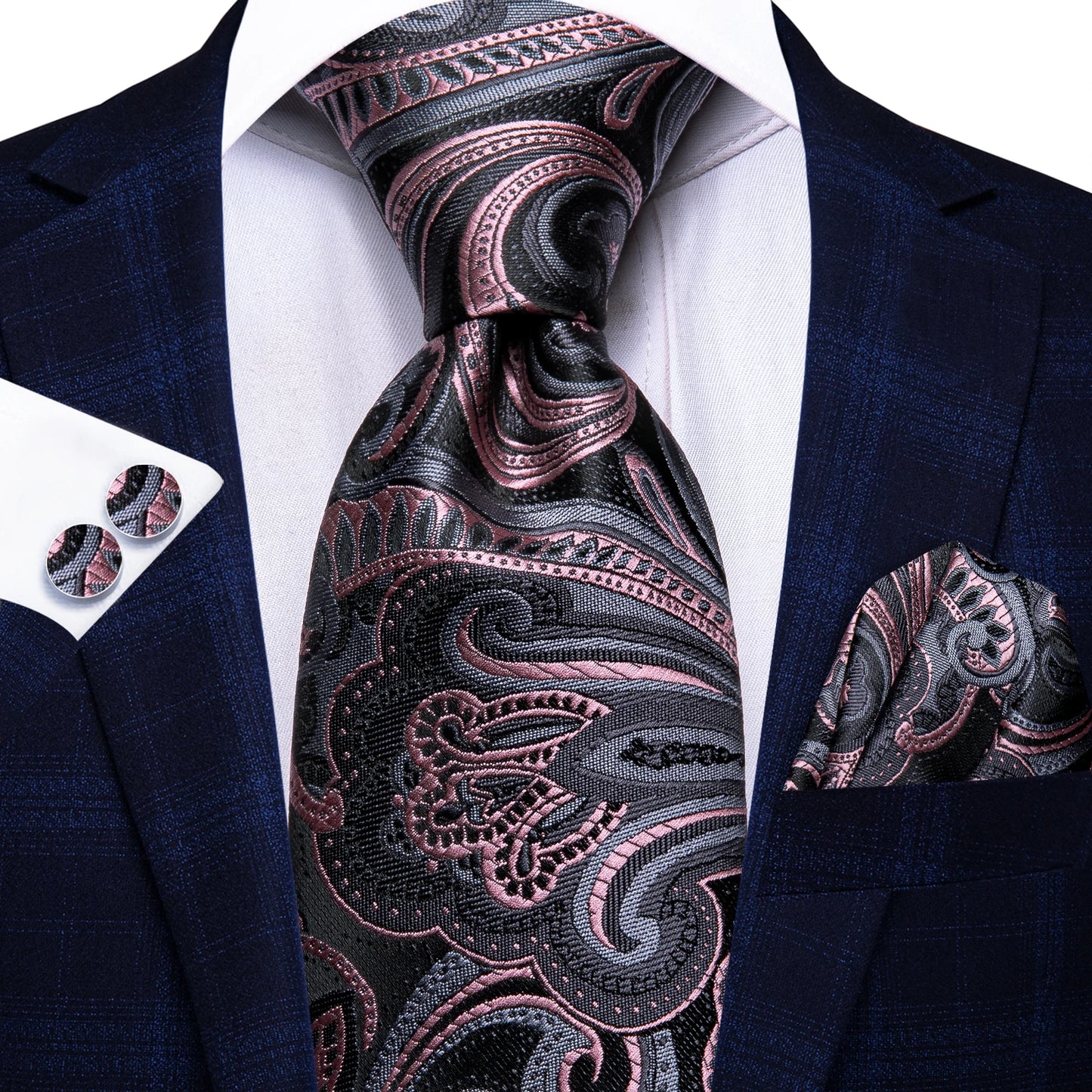 Hi-Tie Fashion 8.5cm Black Grey Floral Mens Elegant Tie Handkerchief Cufflinks Set Wedding Party Accessories Gift for Men Gravat