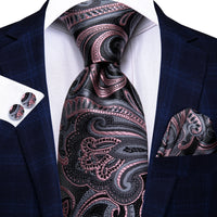 Hi-Tie Fashion 8.5cm Black Grey Floral Mens Elegant Tie Handkerchief Cufflinks Set Wedding Party Accessories Gift for Men Gravat