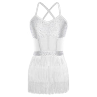 Womens Latin Dance Dress Sheer Mesh Patchwork Tiered Tassel Bodysuit Dress and Gloves for Tango Samba Dance Ballroom Dancewear