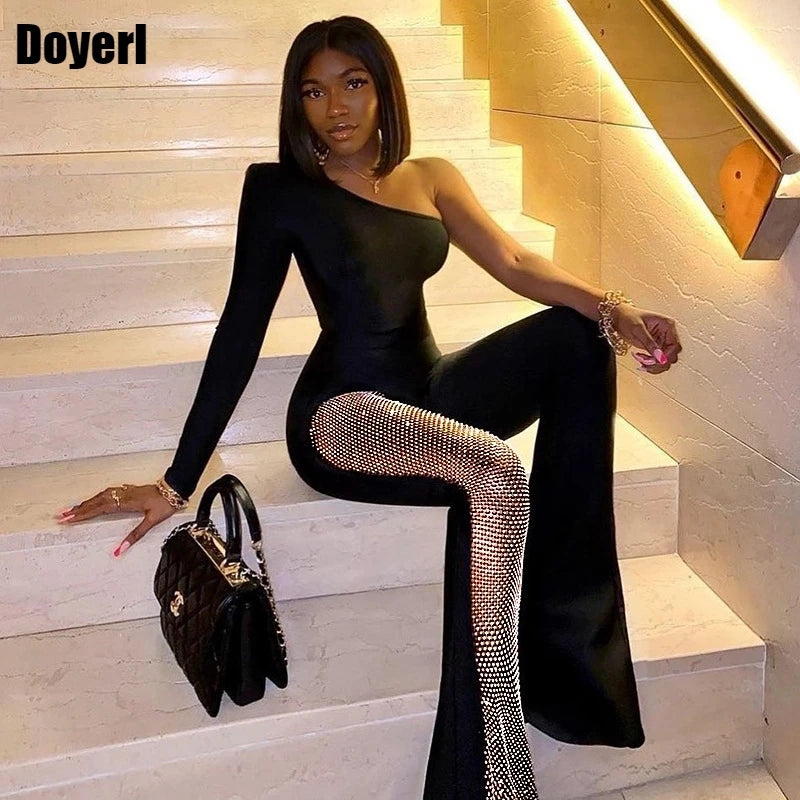 Black Sexy Womens Jumpsuit Elegant Evening Clubwear One Shoulder Jumpsuit Pants Mesh Romper One Piece Overalls for Women Party