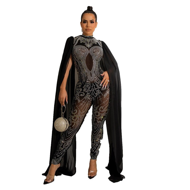 Sexy Beautiful Cape Sleeve Mesh Crystal Jumpsuits Women Rompers Luxury See-Through Outfits