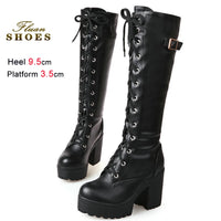 2025 Sexy White Women Knight Boots Coarse Heels Round Toe Knee High Boots Lace Up Multi-belt Buckle High Heeled Boots Size 35-43