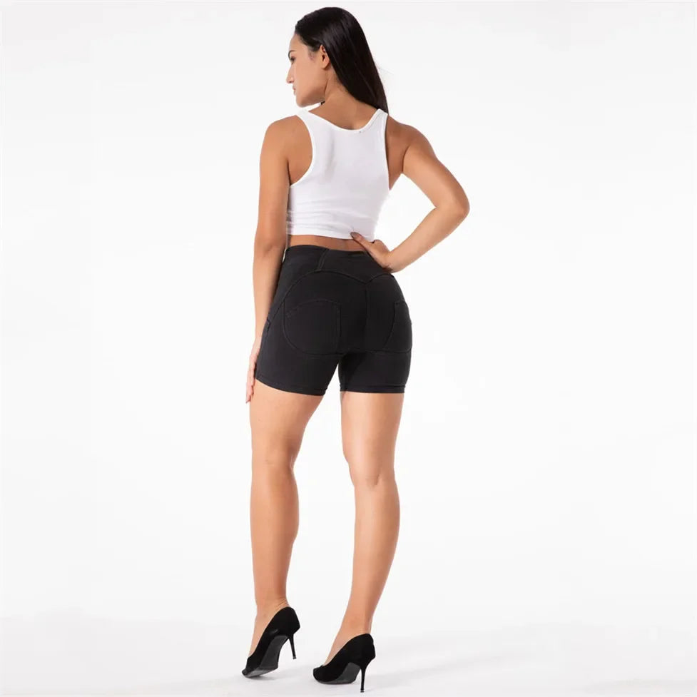 Shascullfites Melody High Waisted Board Shorts Jeans Shorts Sports For Women Slim Stretchy Bermuda Shorts