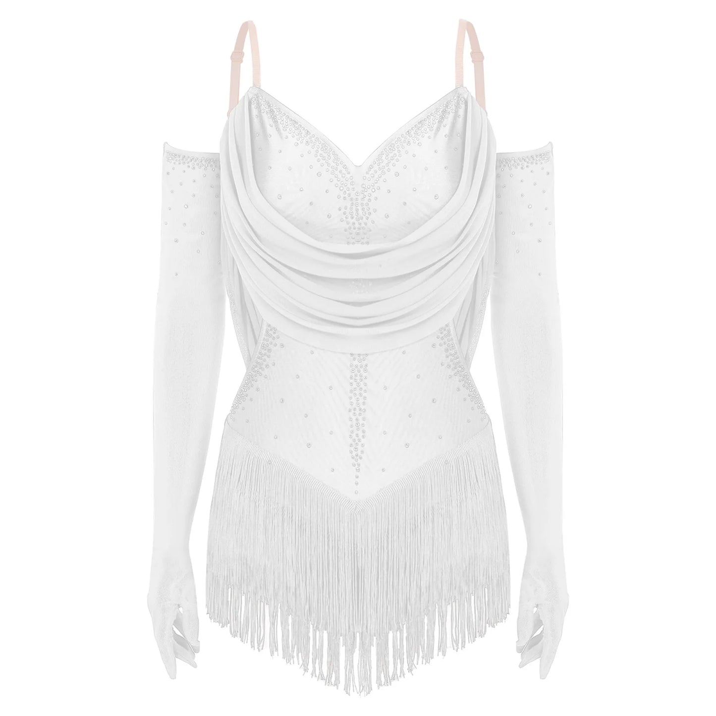 Womens Tassel Latin Rumba Dance Leotard Glittery Cutout Fringed Bodysuit with Gloves Cha-cha Samba Tango Performance Costume