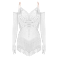 Womens Tassel Latin Rumba Dance Leotard Glittery Cutout Fringed Bodysuit with Gloves Cha-cha Samba Tango Performance Costume