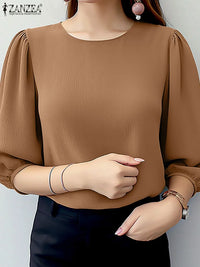 ZANZEA Women Crinkled Texture Puff Sleeve Blouse, Elegant O Neck 3/4 Sleeve Blusas Mujer, Summer Fashion Solid Color Casual Tops