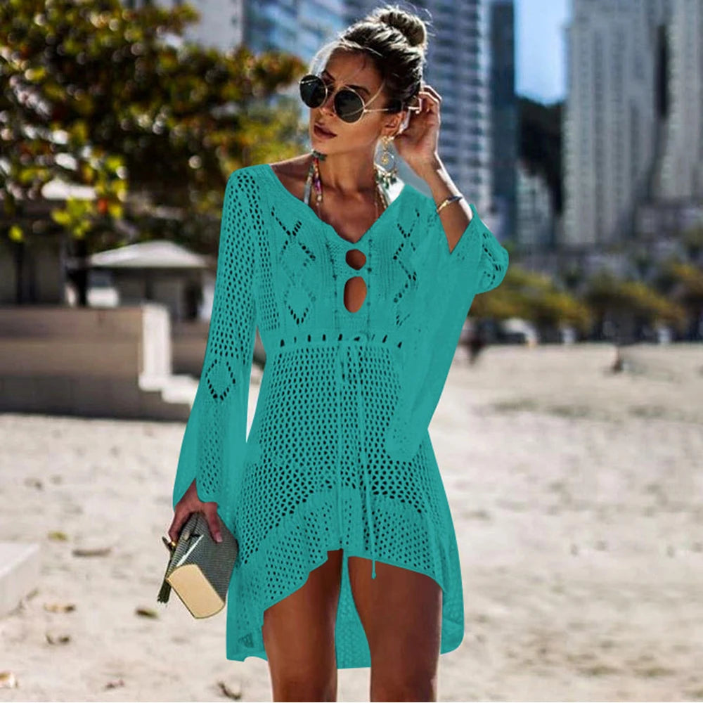 Women Solid Bikini Cover Up Sexy White Crochet Long Sleeve Beach Long Maxi Dress Cover-ups Female Loose Tunic Mesh Beachwear