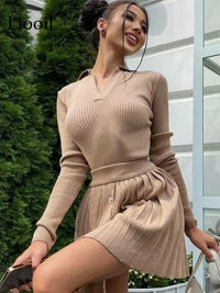 Two Piece Sweater Outfits Set Women Knitted Tops And Pleated Mini Skirts Long Sleeve V Neck Button Up Streetwear Sexy Skirt Sets