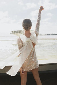 DREAM Beach V Neck Lace Short Wedding Dresses Long Sleeves With Bow Mini Backless Beadings Bride Dress Above Knee Bridal Gowns