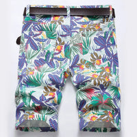 Men Digital Print Stretch Denim Shorts Fashion Tropical Plant Flower Breeches for Summer