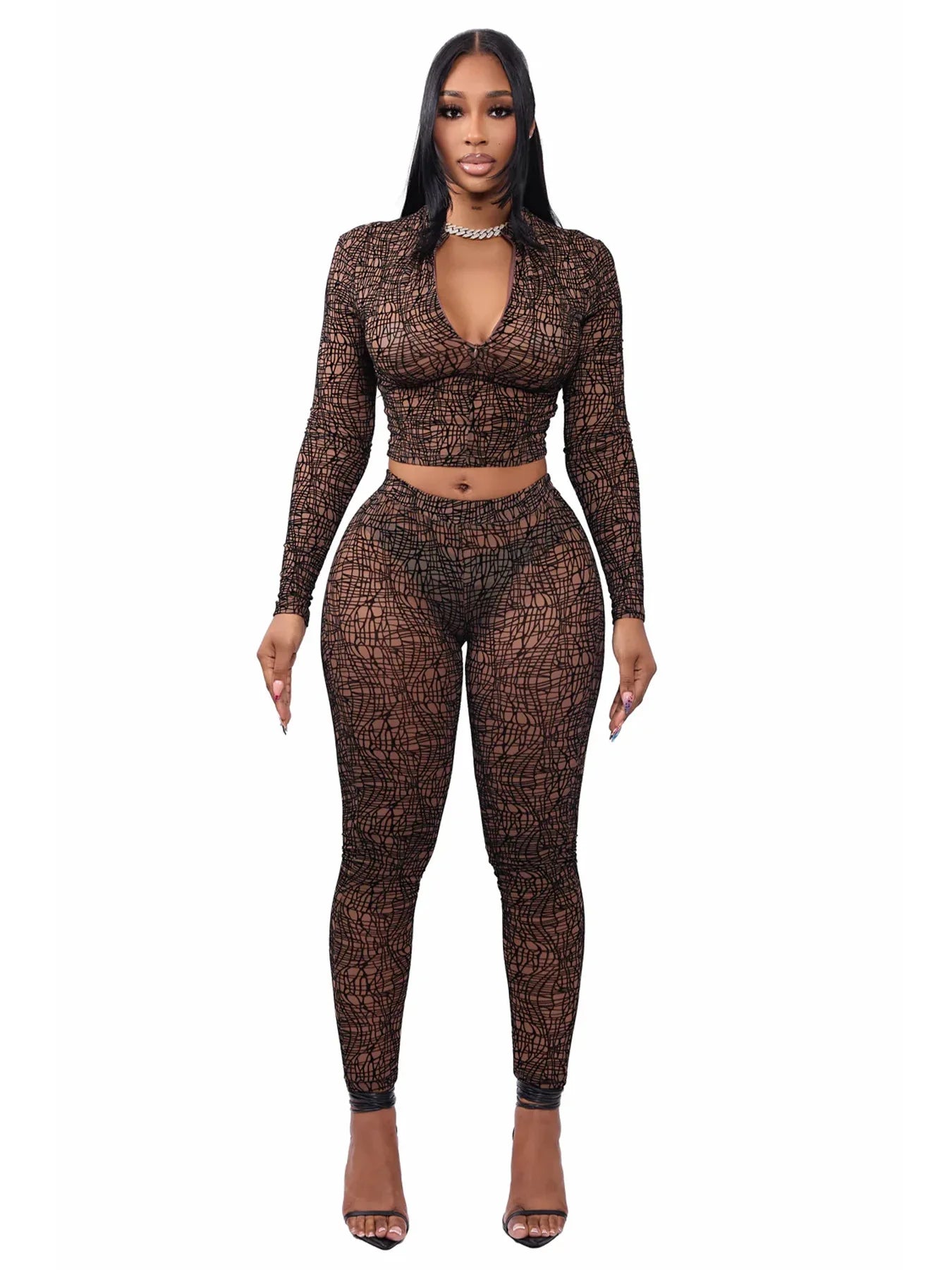 FAGADOER Sexy Stripe Patchwork 2 Pieces Set for Woman Outfit Solid Long Sleeves Crop Top and Leggings Pants Female Streetwear