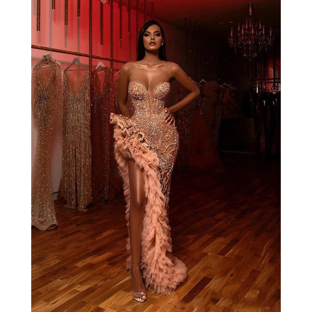 Aso Ebi Champagne Blush Mermaid Prom Dresses 2023 Sparkly Beaded Ruffles High Slit Sweetheart Arabic Evening Party Occasion Gown