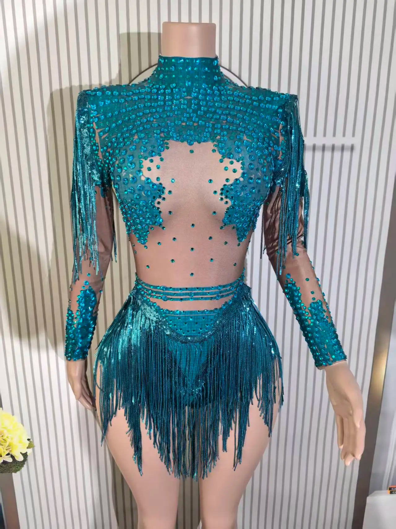 Gold Silver Sequins Tassel Elastic Bodysuit Sex)Pole Latin Dance Stage Wear Nightclub  DJSinger Dancer Performance Costume  Q025