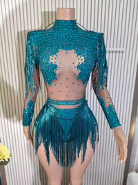 Gold Silver Sequins Tassel Elastic Bodysuit Sex)Pole Latin Dance Stage Wear Nightclub  DJSinger Dancer Performance Costume  Q025