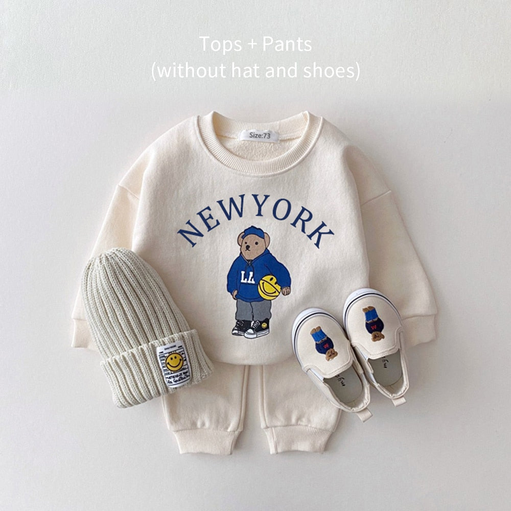 Korea 2023 Baby Boys Clothes Sets Letter Bear Girls Long Sleeve Casual Hoodie Sweatshirt+Pants 2pcs Kids Clothes Sports Suit New