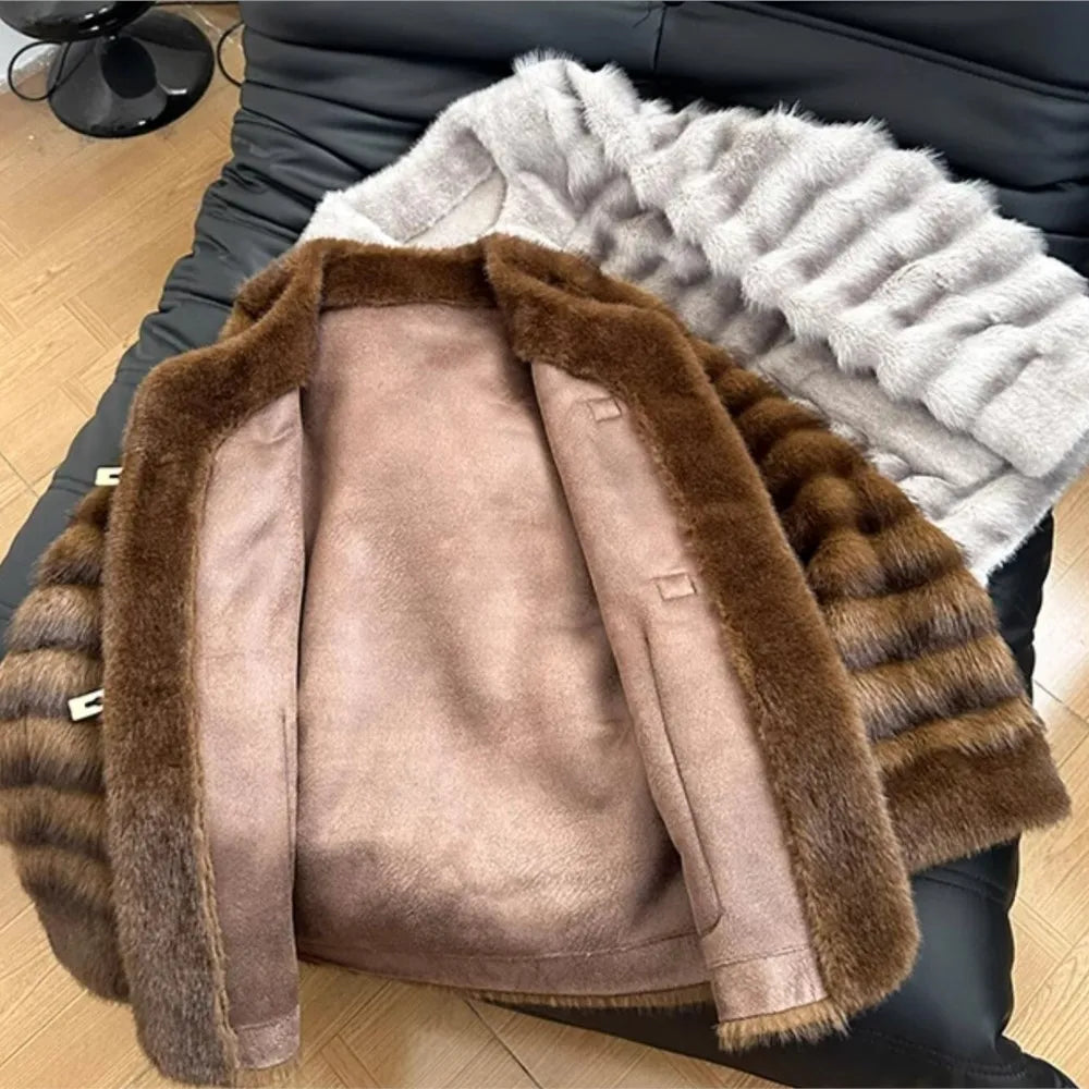Winter Contrast Color Brown Horizontal Strip Faux Mink Fur Coat Women O neck Front Buckle Buttons Loose Thick Short Outerwear