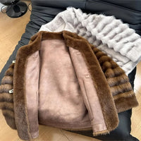 Winter Contrast Color Brown Horizontal Strip Faux Mink Fur Coat Women O neck Front Buckle Buttons Loose Thick Short Outerwear