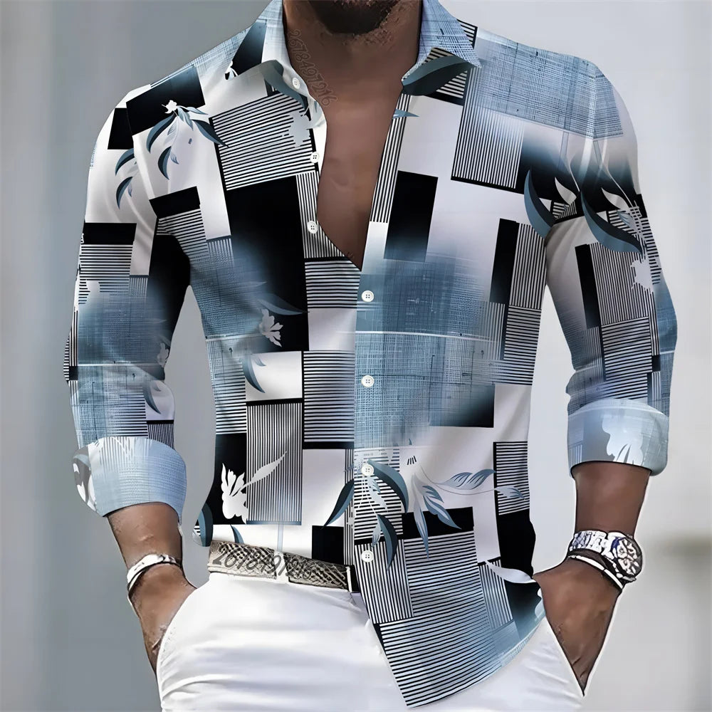 Men's Retro Color-Blocked Floral Print Long-Sleeve Shirt with Paisley Pattern Design, Casual Top for Spring and Autumn
