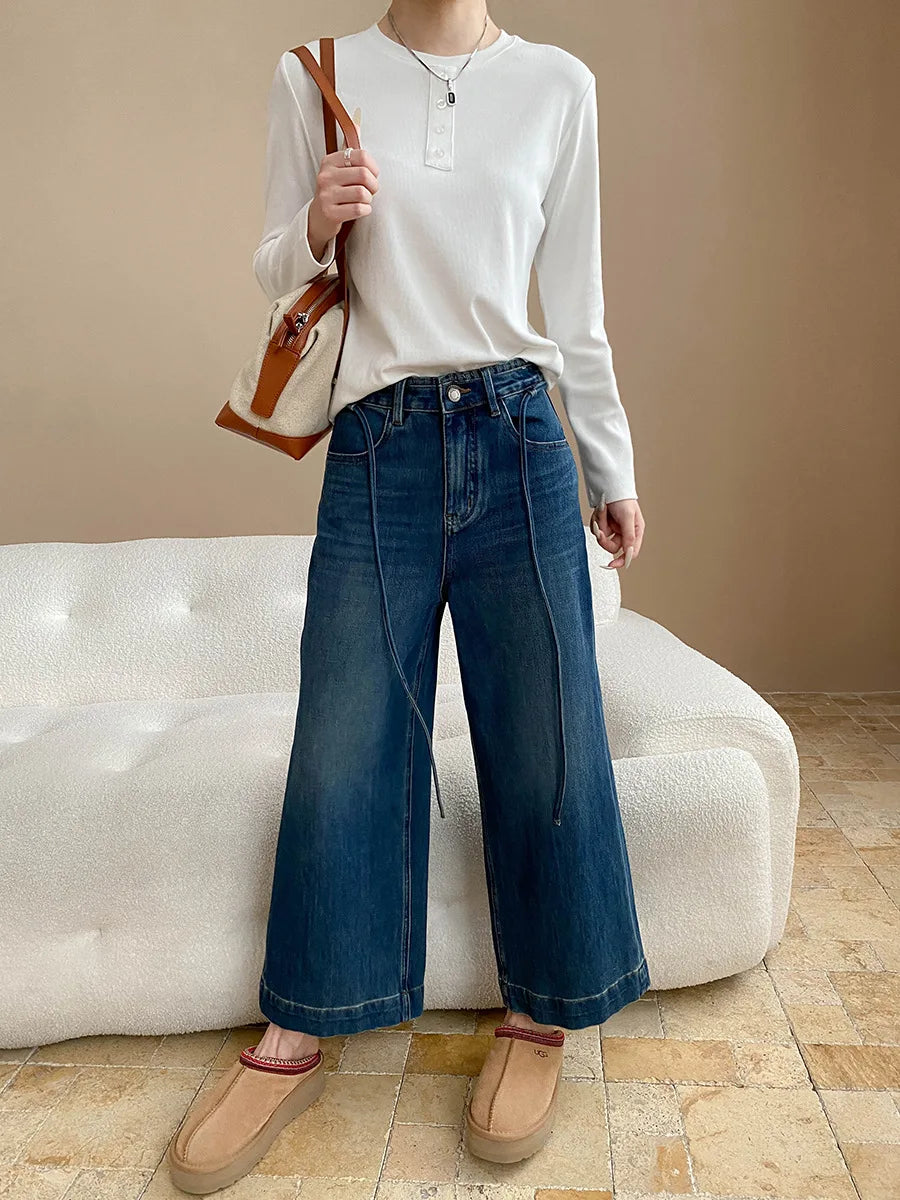 Women's casual solid color high waisted drawstring loose wide leg straight leg jeans, small stature