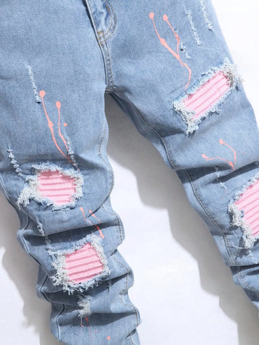 Men's Jeans Cool Ripped Skinny Trousers Stretch Slim Denim Jeans Pants Patchwork Hip Hop Black Blue Casual Jogging Jeans for Men