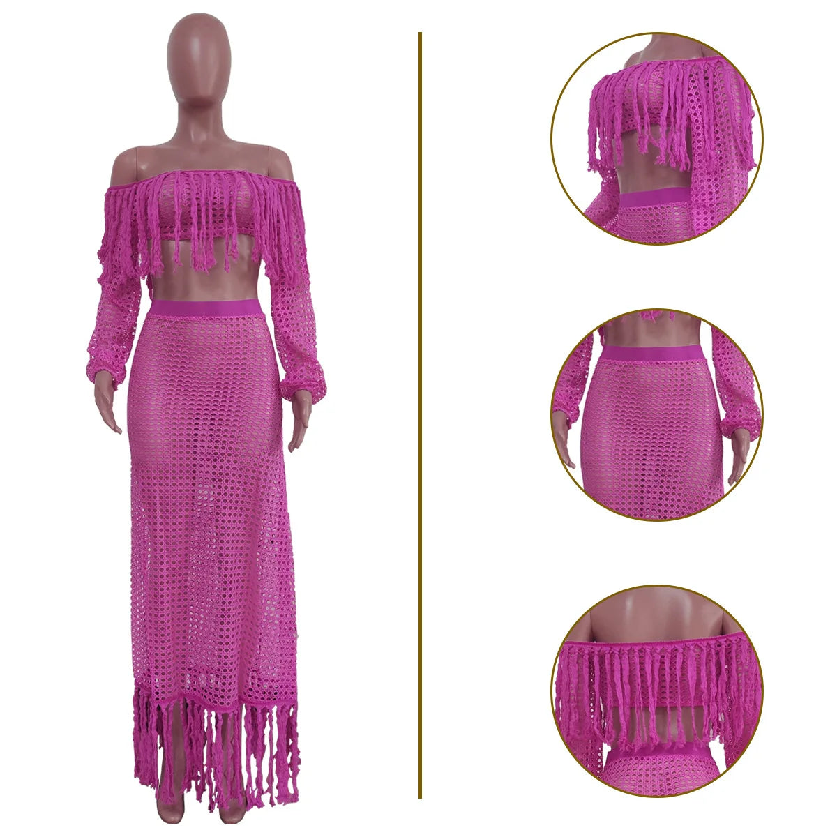 Skirt 2 Piece Set Women Beach Long Skirts Suit Top Off Shoulder Tassels Sexy Hollow Out Ensemble 2025 Summer Female Outfits