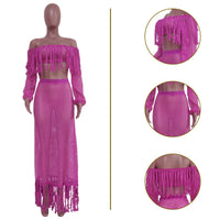 Skirt 2 Piece Set Women Beach Long Skirts Suit Top Off Shoulder Tassels Sexy Hollow Out Ensemble 2025 Summer Female Outfits
