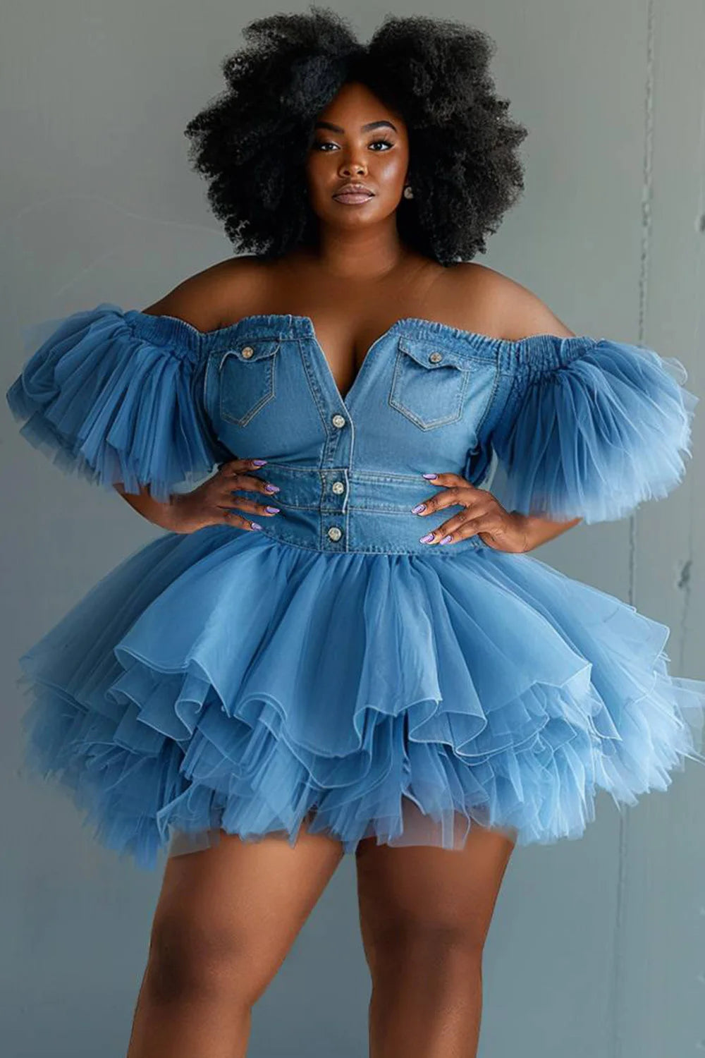 Plus Size Party Tulle Blue Off The Shoulder Short Sleeve Pleated Contrast Denim Mini Dresses