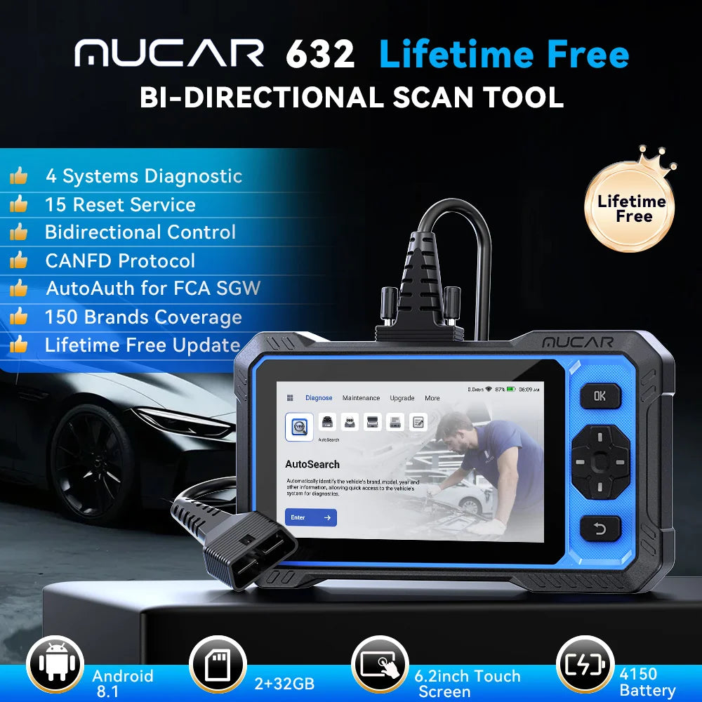 MUCAR 632 OBD2 Diagnostic Tool AI Assisted Bi-directional CANFD Protocal ECM/TCM/ABS/SRS Diagnosis 15 Reset Lifetime Free Update