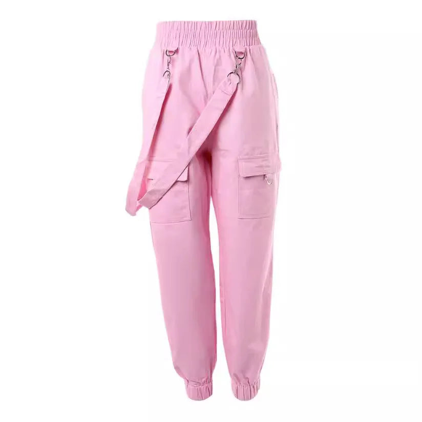 Women's Cargo Pants Casual Trousers 2024 Spring Autumn Solid Color Trend Street Pocket Design Cuff Suspenders Streetwear Women