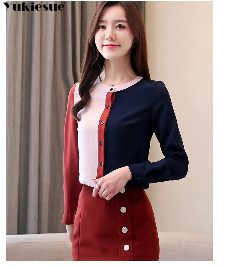 Korean fashion clothing 2022 chiffon blouse ladies tops tops womens clothing Button Stand women tops and blouse Full