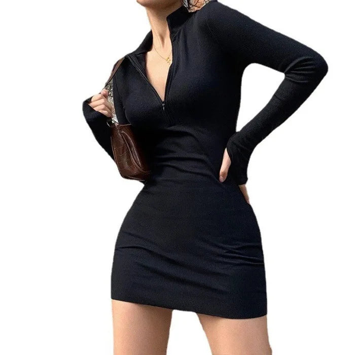 Slimming Long Sleeve Women's Dress Fashionable Sexy Base Layer Short Skirt Versatile Midi Dress Polyester Spandex Blend