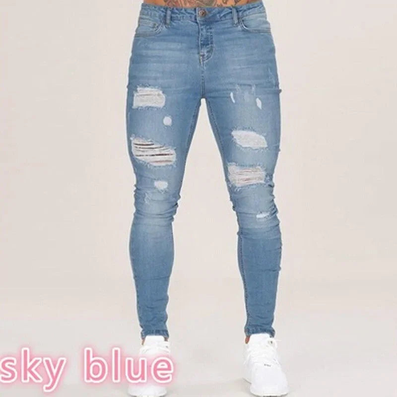 2023 White Embroidery Skinny Ripped Jeans Men Cotton Stretchy Slim Fit Hip Hop Denim Pants Casual Jeans for Men Jogging Trousers