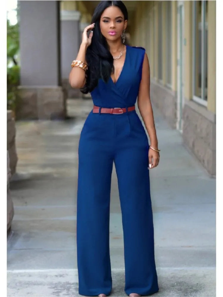 Women's Sexy Deep V Neck Sleeveless Solid Color Jumpsuit Fashion Slim Wrap Hip Elegant Female  Party Office Jumpsuit (with Belt)