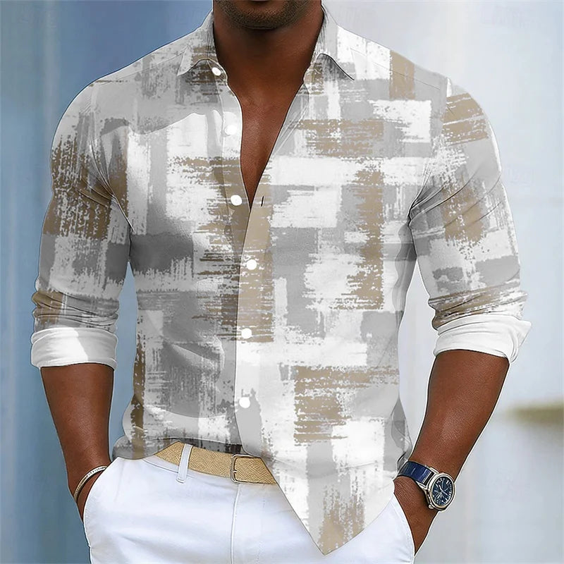 Men's shirt with simple geometric lines printed in contrasting colors, loose long sleeved top, daily casual versatile shirt