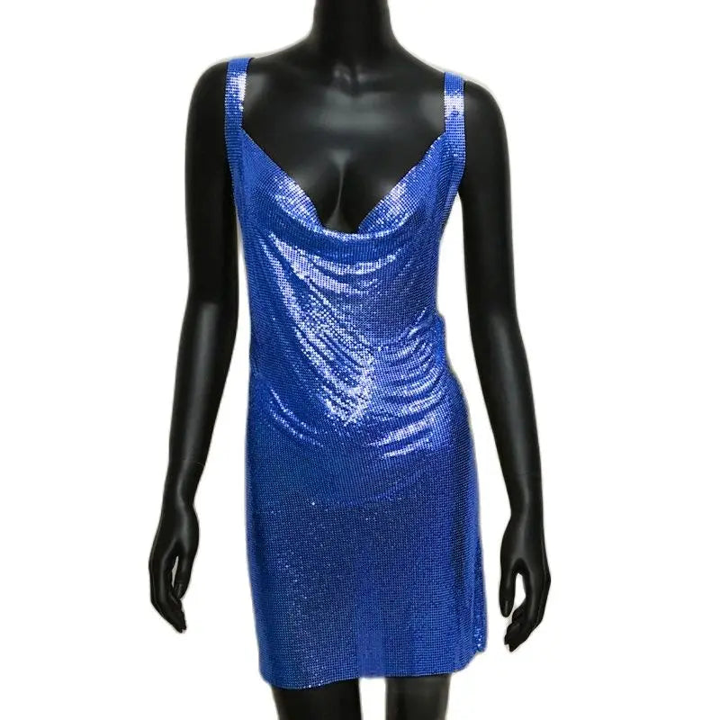Sexy Metallic Sequin Mini Dress For Women Backless Cocktail Club Glitter Low Cut Halter Dress Rave Party Nightclub Dresses