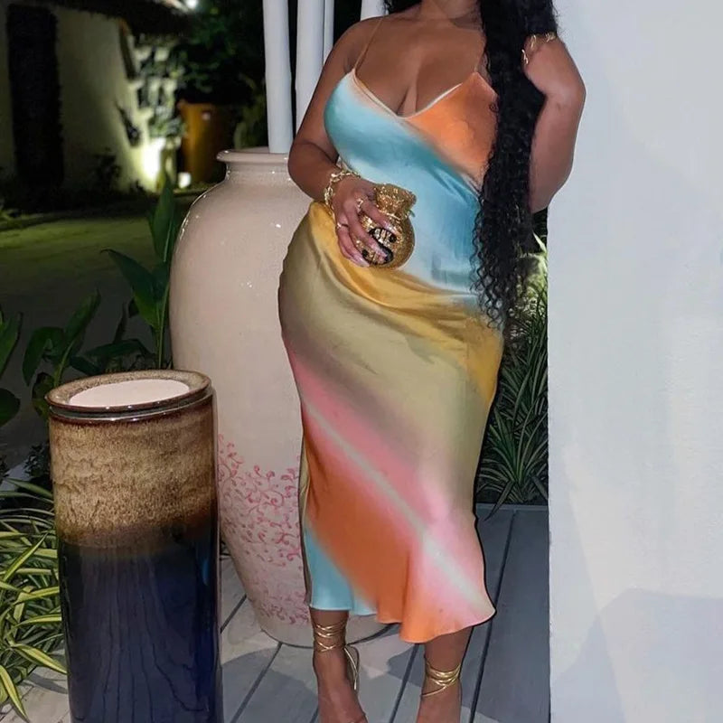 Women's Sexy V-Neck Backless Rainbow Print Slip Dress Summer Plus Size African Fashion Harajuku Party Office Lady Maxi Dress