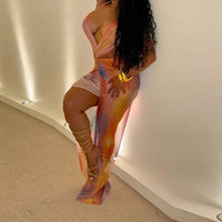 BKLD Mesh Halter Backless Multi Print See Through Sexy Long Split Dress Summer Clothes Women Fashion Vacation Beach Club Outfits
