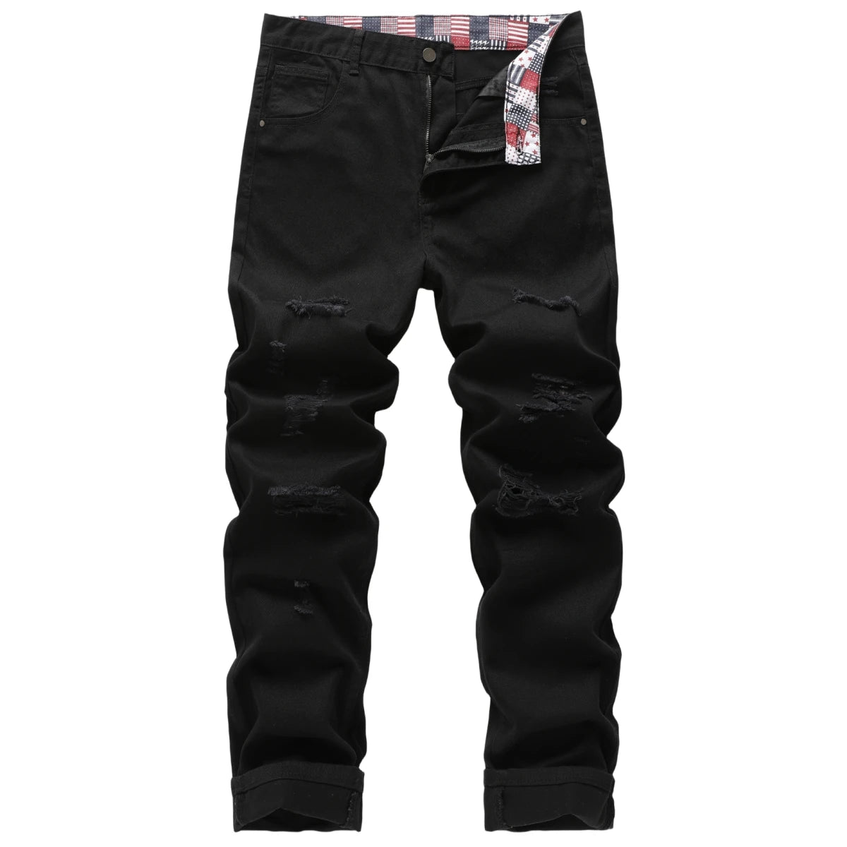 Men’s Slim Fit Ripped Black Jeans Distressed Casual Pants Streetwear Fashion Trousers USA Flag Print Waistband