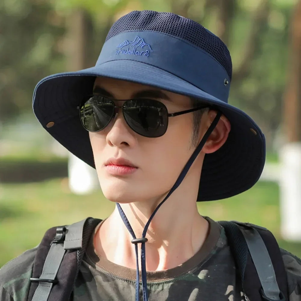 UPF 50+ Wide Brim Fisherman Hat Mesh Breathable Sun Hat for Fishing Hiking Outdoor Windproof Sunscreen Cap 56-59cm Hats for Men