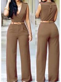 Women's Sexy Deep V Neck Sleeveless Solid Color Jumpsuit Fashion Slim Wrap Hip Elegant Female  Party Office Jumpsuit (with Belt)