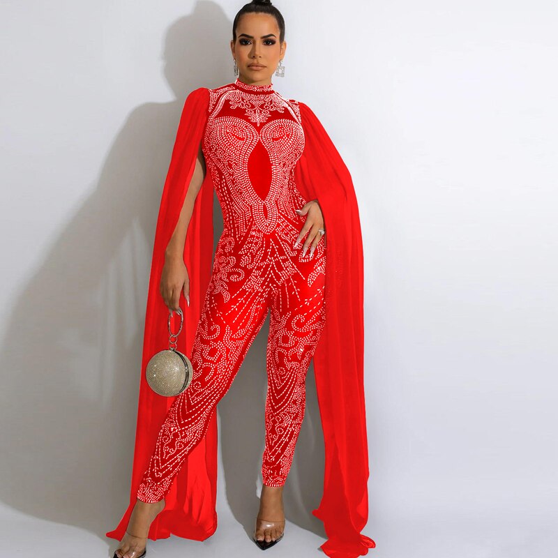 Sexy Beautiful Cape Sleeve Mesh Crystal Jumpsuits Women Rompers Luxury See-Through Outfits