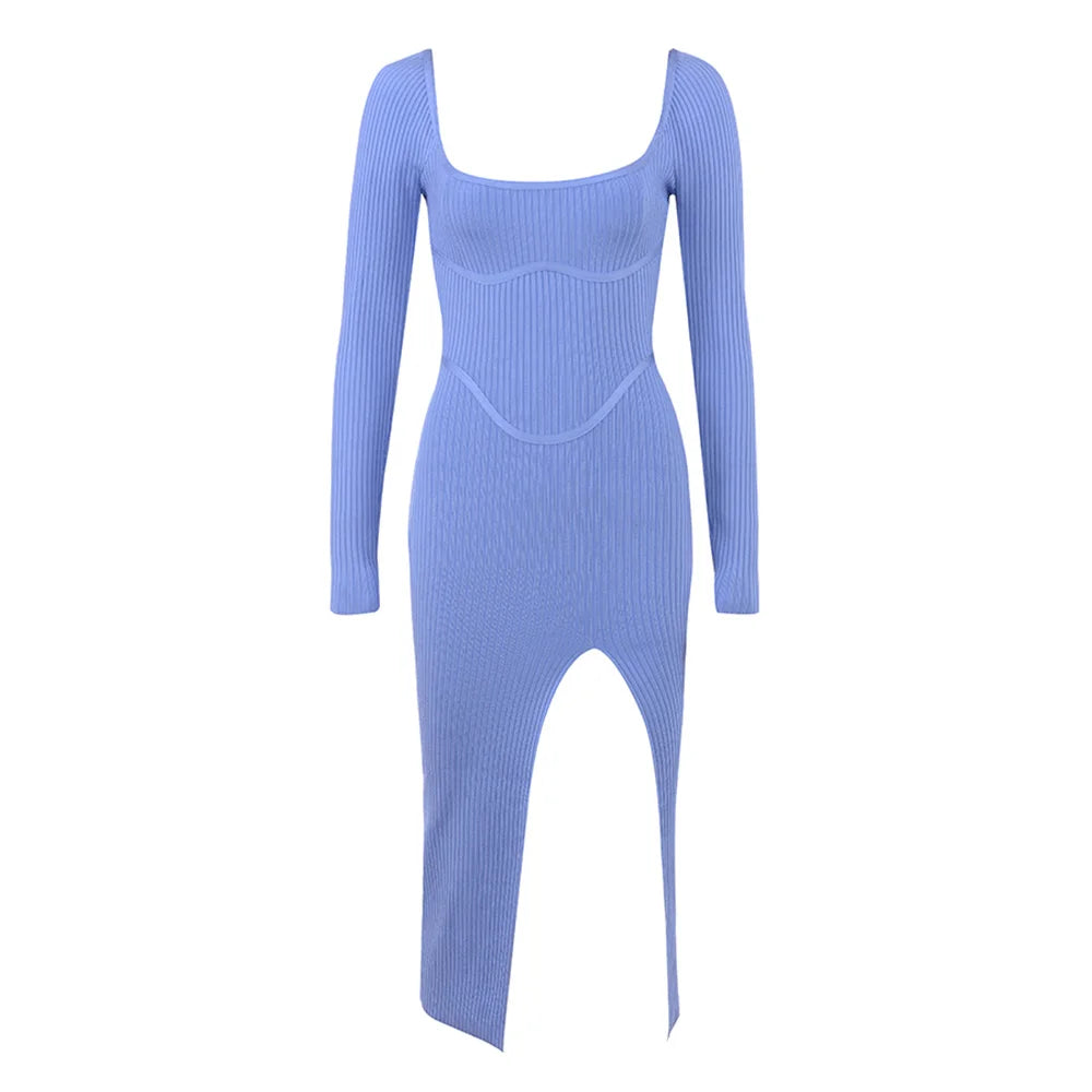 WillBeNice 2023 Winter Women Sexy Bandage Dress Long-Sleeves Blue Squa   Mega Mart Center